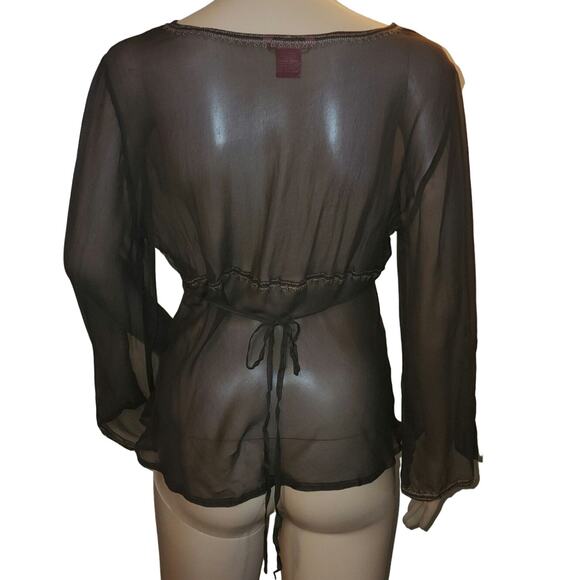 NWT Sunny Leigh Sz L 100% Silk Babydoll Brown Y2K Embroidered Sheer Fairy Top - Picture 3 of 6